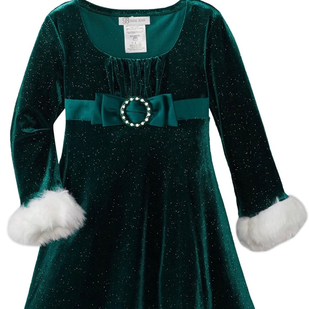 Bonnie Jean Green Dress w/ White Faux Fur  sz5